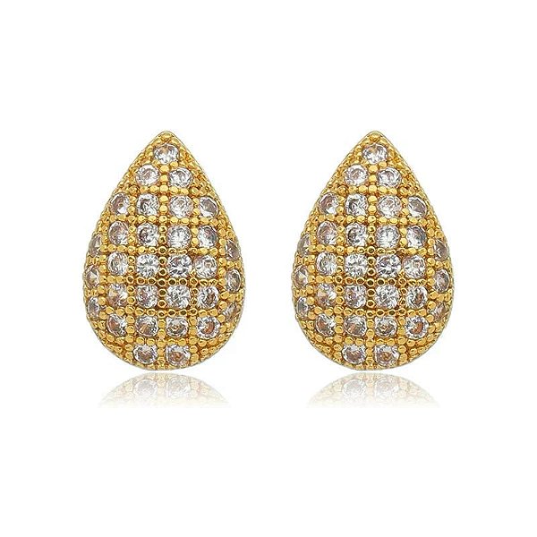Brinco Gota Abaulada Cravejado Folheado a Ouro 18K