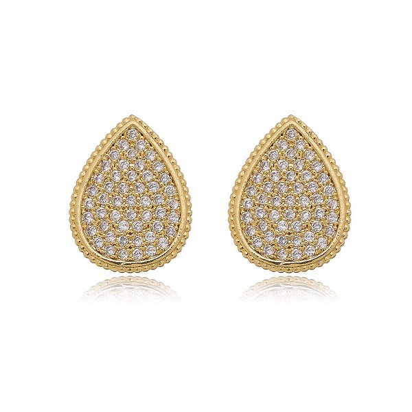 Brinco Gota Cravejado Com Borda Detalhada Folheado a Ouro 18K