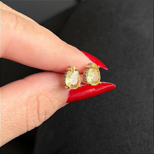 Brinco Gota Fusion Champagne Borda Cravejado Folheado a Ouro 18K