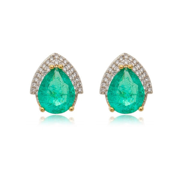 Brinco Gota Verde Fusion Escudo Cravejado Folheado a Ouro 18K