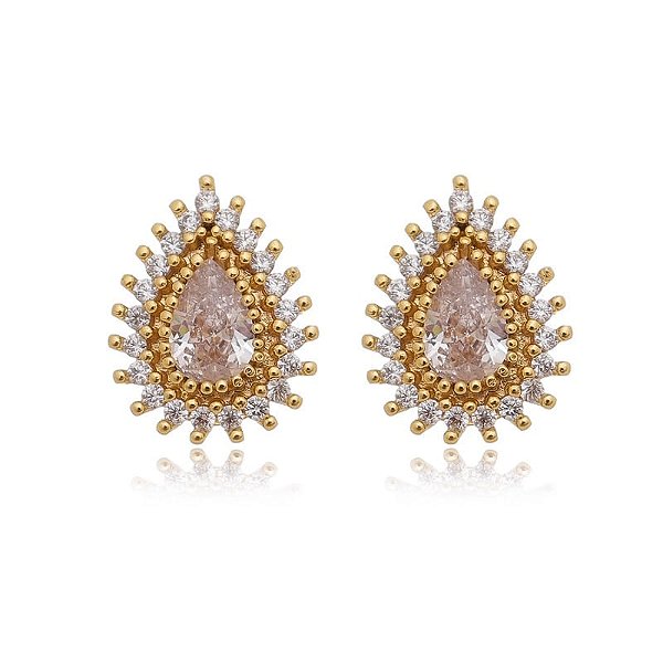 Brinco Gota Zirc Meio Borda Cravejado Folheado a Ouro 18K