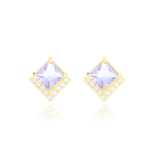 Brinco Losango Zircônia Lilás Borda Cristal Cravejado Folheado a Ouro 18K