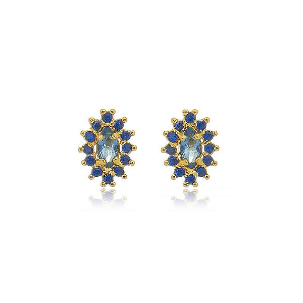 Brinco Olho De Gato Cravejado Com Zircônias Coloridas Folheado a Ouro 18K