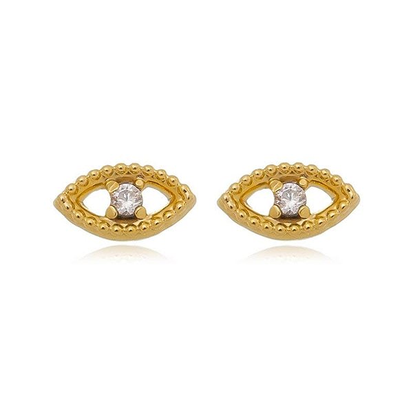 Brinco Olho Grego Zirconias Pequeno Folheado a Ouro 18K