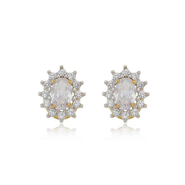 Brinco Oval Borda Cravejado Folheado a Ouro 18K