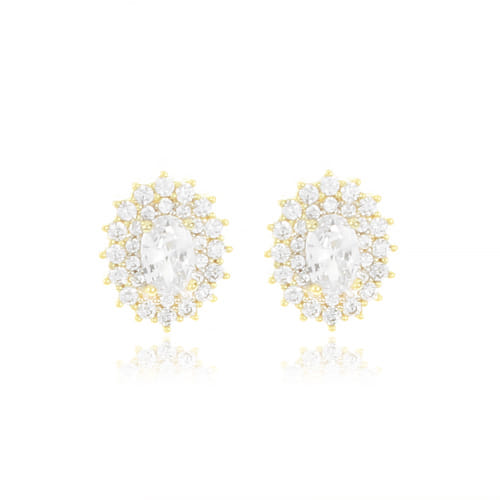Brinco Oval Zirc Meio Borda Cravejado Folheado a Ouro 18K