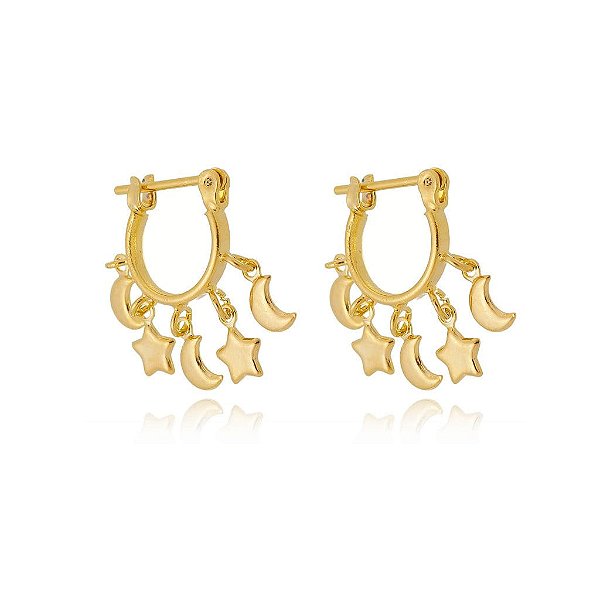 Brinco Pandeiro Estrela E Lua Lisa Folheado a Ouro 18K