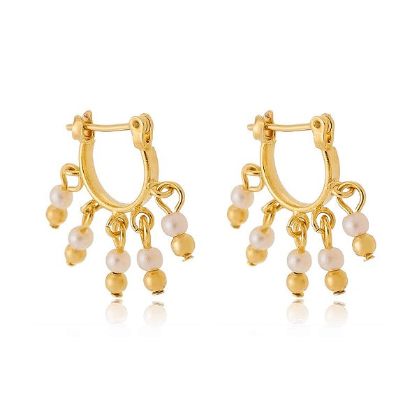 Brinco Pandeiro Pérola Pendurada Folheado a Ouro 18K