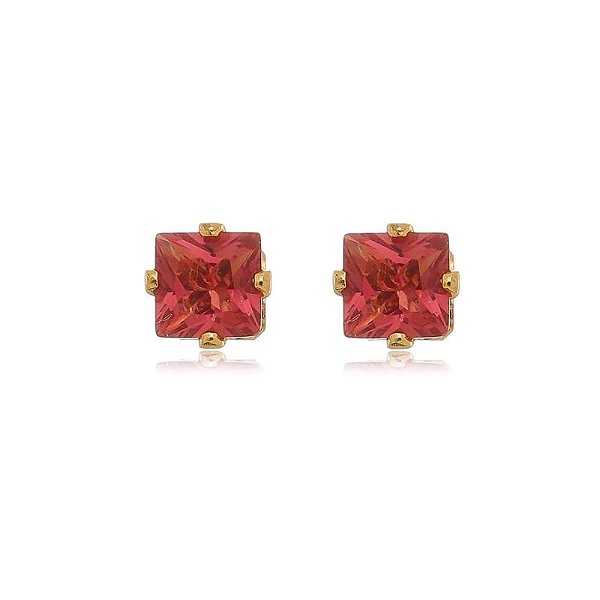 Brinco Ponto De Luz Rosa Quadrado Folheado a Ouro 18K