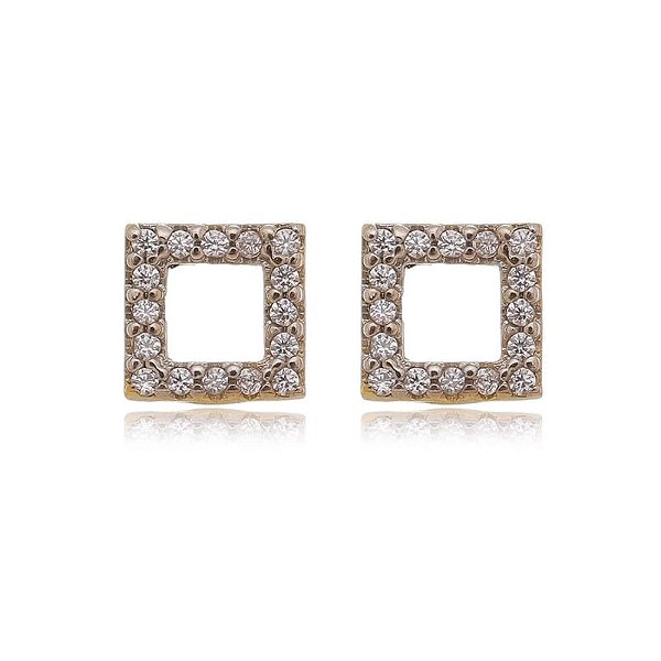 Brinco Quadrado Vazado Cravejado Folheado a Ouro 18K