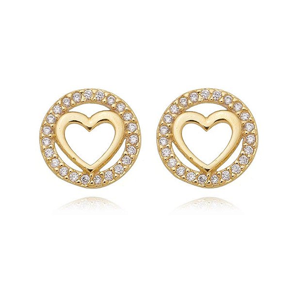 Brinco Redondo Coração Vazado Centro Folheado a Ouro 18K