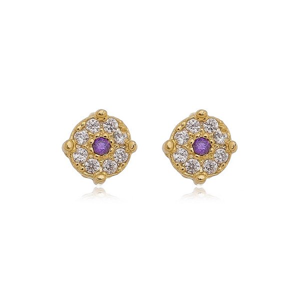 Brinco Redondo Flor Cravejado Folheado a Ouro 18K