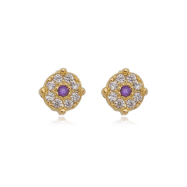 Brinco Redondo Flor Cravejado Folheado a Ouro 18K