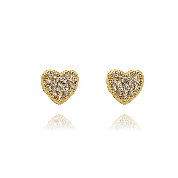 Brincos De Coração Cravejado Grande Folheado a Ouro 18K