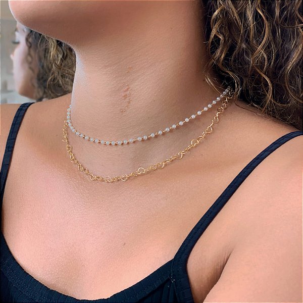 Choker Dupla Elo Corações E Pérolas Folheado a Ouro 18K