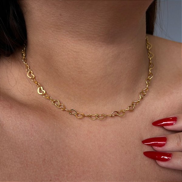 Colar 40Cm Coração Vazado 0,8Mm Folheado a Ouro 18K