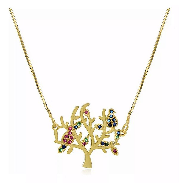 Colar Árvore Rainbow Passaros Folheado a Ouro 18K