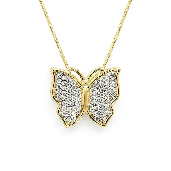 Colar Borboleta Pavê Cristal Folheado a Ouro 18K