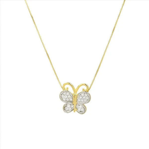 Colar Borboleta Redondo Cristal Folheado a Ouro 18K