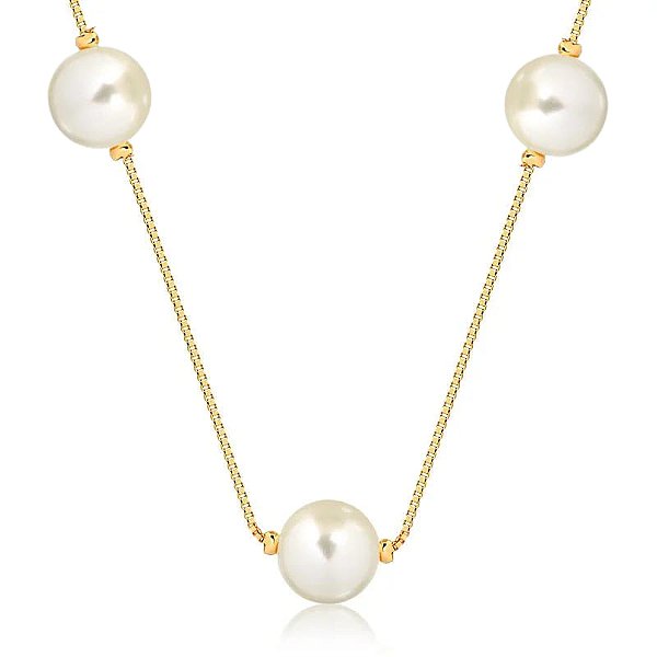 Colar Choker 3 Pérolas Folheado a Ouro 18K