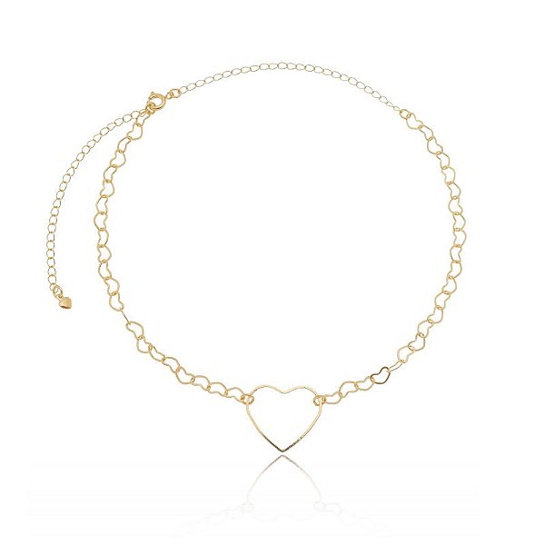Colar Choker Elo Corações Coração Vazado Meio Folheado a Ouro 18K