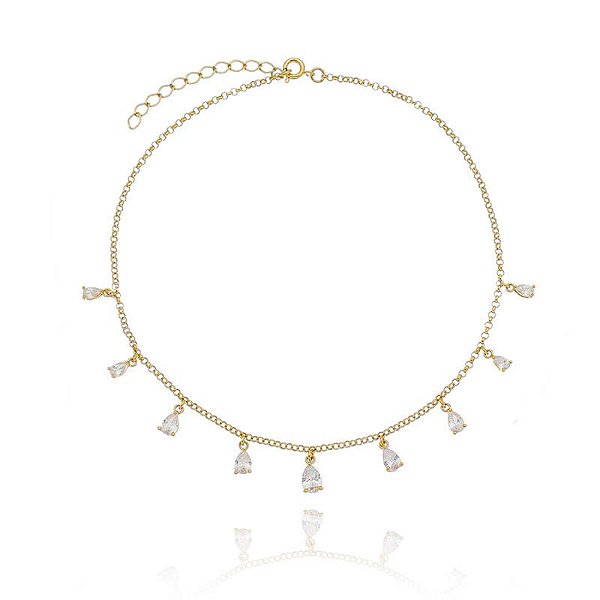 Colar Choker Gotas Cristais Folheado a Ouro 18K