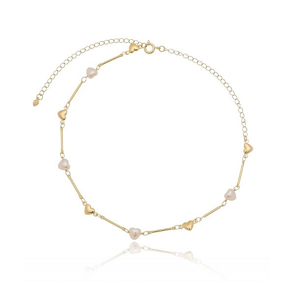 Colar Choker Palitinhos Corações Lisos E Pérolas Folheado a Ouro 18K