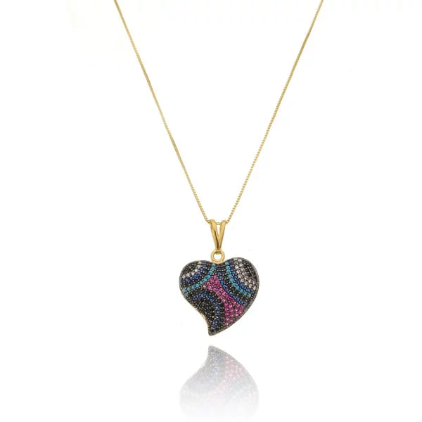 Colar Coração Abaulado Rainbow Folheado a Ouro 18K