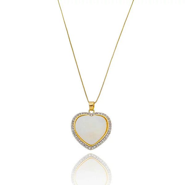 Colar Coração Borda Cravejado Pedra Folheado a Ouro 18K