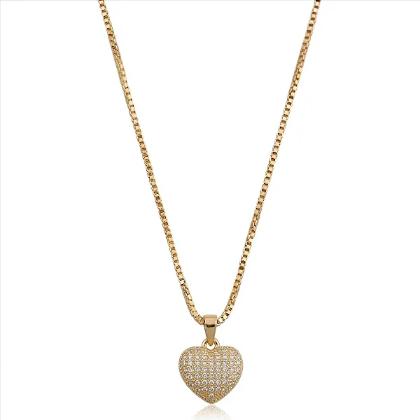 Colar Coração Cravejado Abaulado Cristal Folheado a Ouro 18K