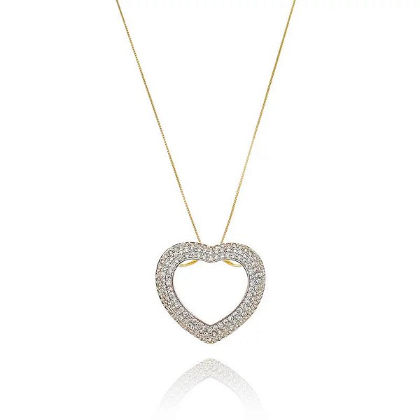 Colar Coração Cravejado Mega Vazado Folheado a Ouro 18K