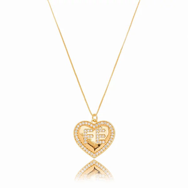 Colar Coração Fé Cravejado Folheado a Ouro 18K