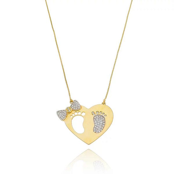 Colar Coração Laco E Pes Folheado a Ouro 18K