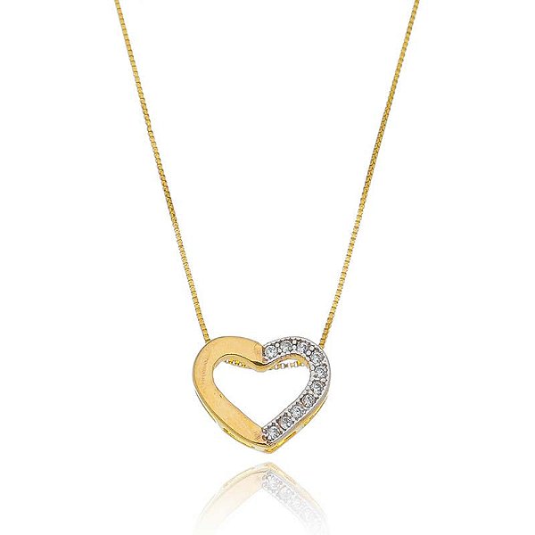 Colar Coração Metade Cravejado Folheado a Ouro 18K
