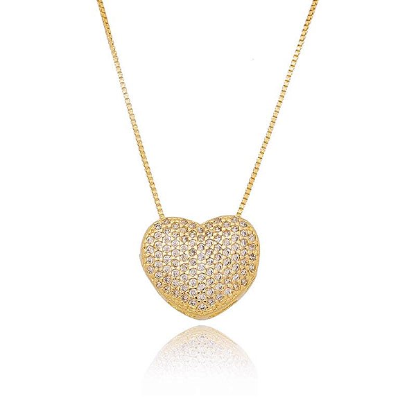 Colar Coração Pavê Abaulado Cristal Folheado a Ouro 18K