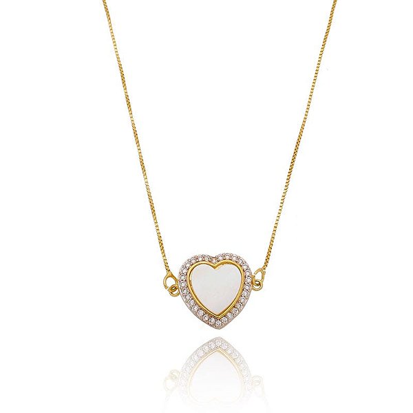 Colar Coração Resina Borda Cravejado Folheado a Ouro 18K