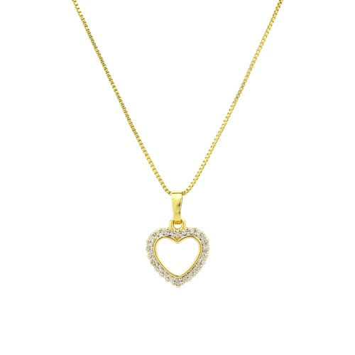 Colar Coração Vazado Cravejado 3D Folheado a Ouro 18K