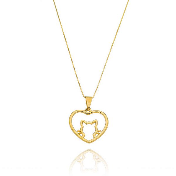 Colar Coração Vazado Gatinho Folheado a Ouro 18K