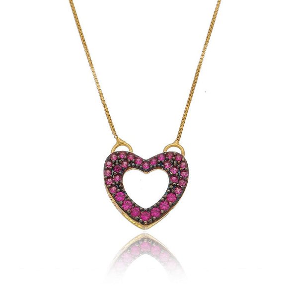 Colar Coração Vazado Cravejado 2 Fios Rosa Folheado a Ouro 18K