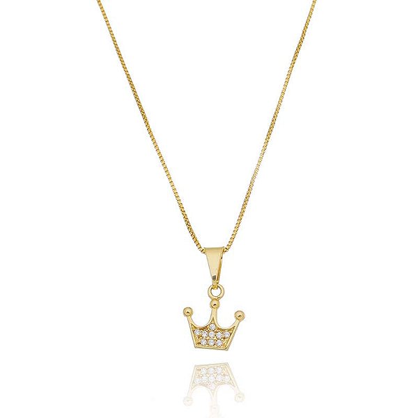 Colar Coroa Cravejado 3 Pontas Folheado a Ouro 18K
