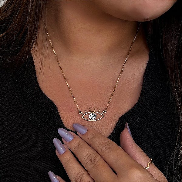 Colar Correntinha Olho Grego Vazado Folheado a Ouro 18K