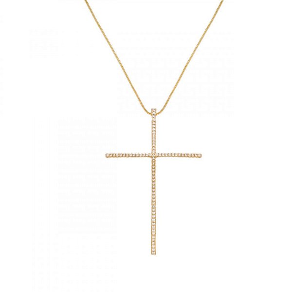 Colar Cruz Fina Cravejado Folheado a Ouro 18K