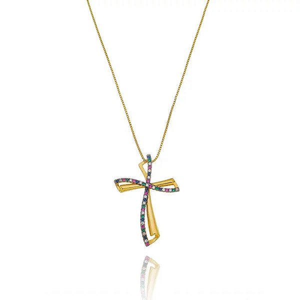 Colar Cruz Rainbow Folheado a Ouro 18K
