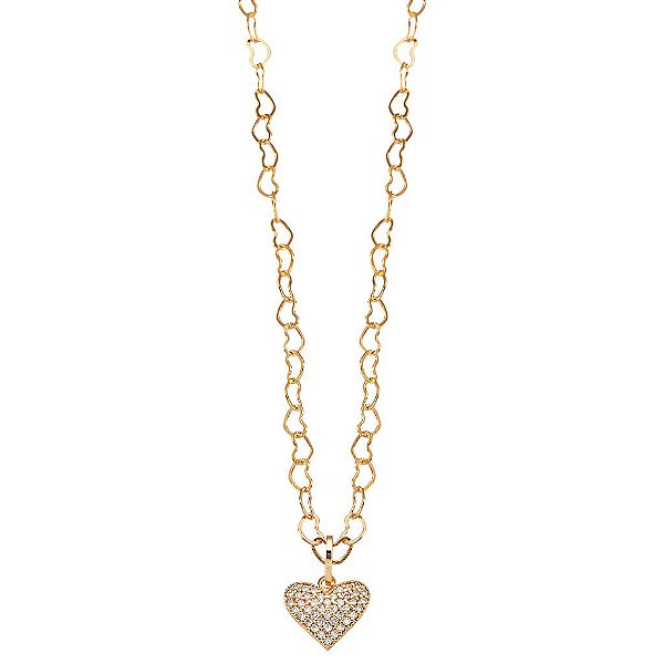 Colar Elo Corações Pingente Coração Cravejado Cristal Folheado a Ouro 18K