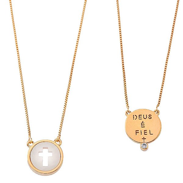 Colar Escapulario Medalha Deus E Fiel Cruz Vazado Folheado a Ouro 18K