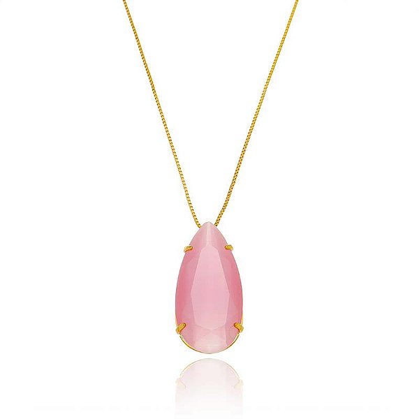 Colar Gota Grande Rosa Leitoso 70Cm Folheado a Ouro 18K