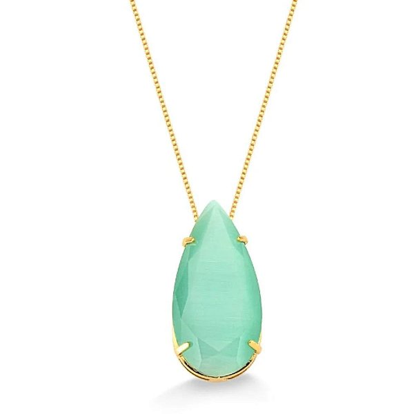 Colar Gota Grande Verde Leitoso 70Cm Folheado a Ouro 18K