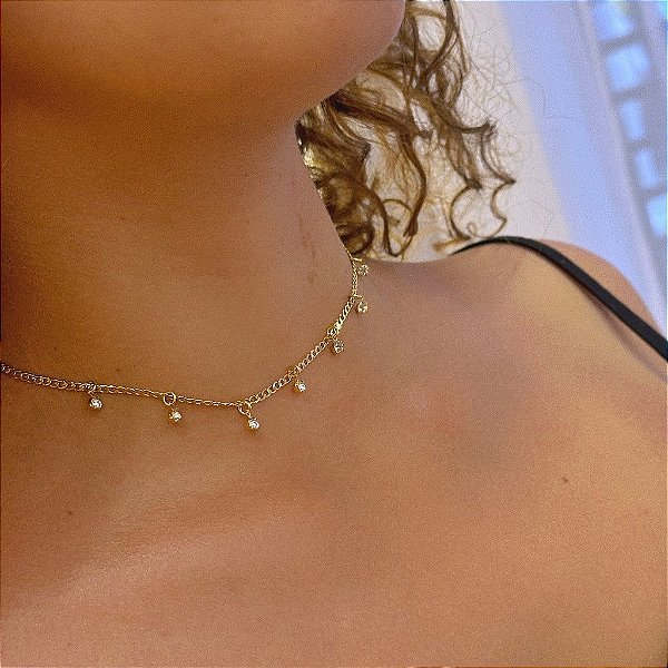 Colar Groumet Pingentes Ponto De Luz Folheado a Ouro 18K