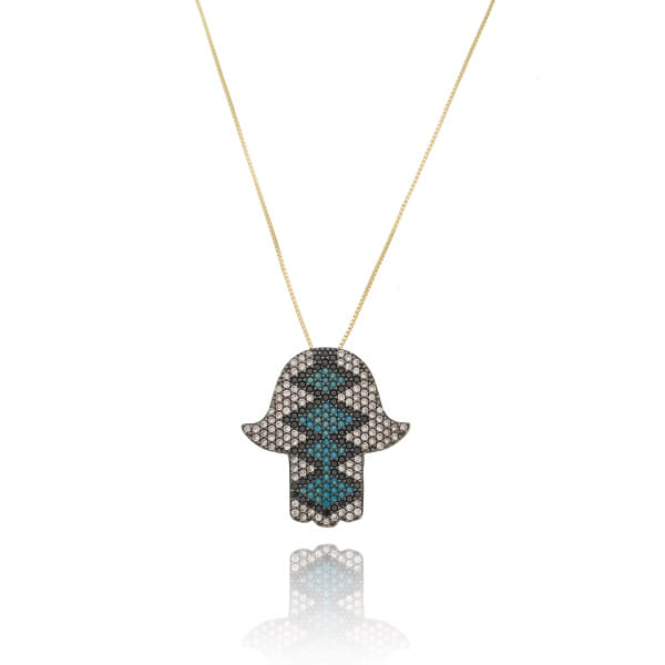 Colar Hamsa Cravejado Geométrico Folheado a Ouro 18K