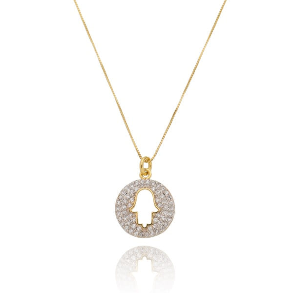 Colar Hamsa Redondo Cravejado Folheado a Ouro 18K